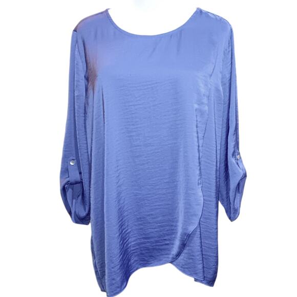 CHICO'S 2 Blouse Top Light Satin Front Panel Flowy LG Periwinkle Blue 3/4 Sleeve - Picture 1 of 9